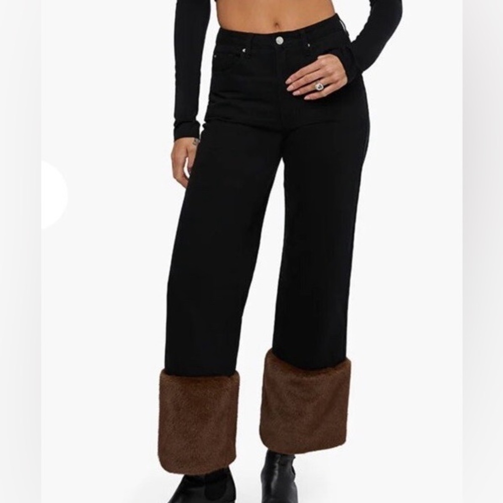 WeWoreWhat Fur Cuffed Straight Leg Jeans in Black Brown